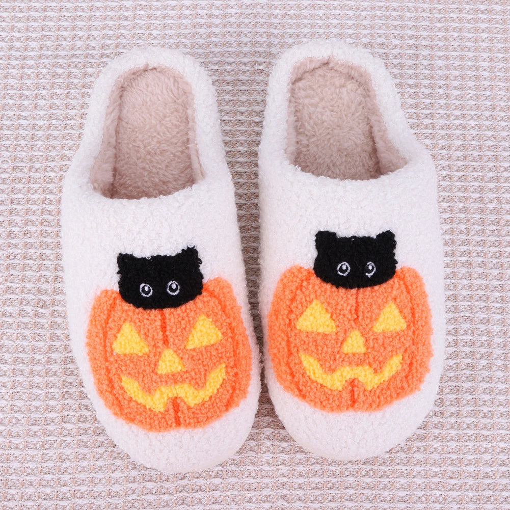 Halloween Plush Slippers Anti Slip Comfortable Furry Slippers Pumpkin Cat Pattern Fluffy Home Warm House Shoe for Winter Autumn