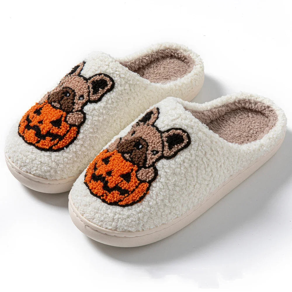Cartoon Pumpkin Dog Women's Home Slippers Comfort Soft Sole Non Slip Indoor Shoes Woman Halloween Winter Warm Cotton Slippers