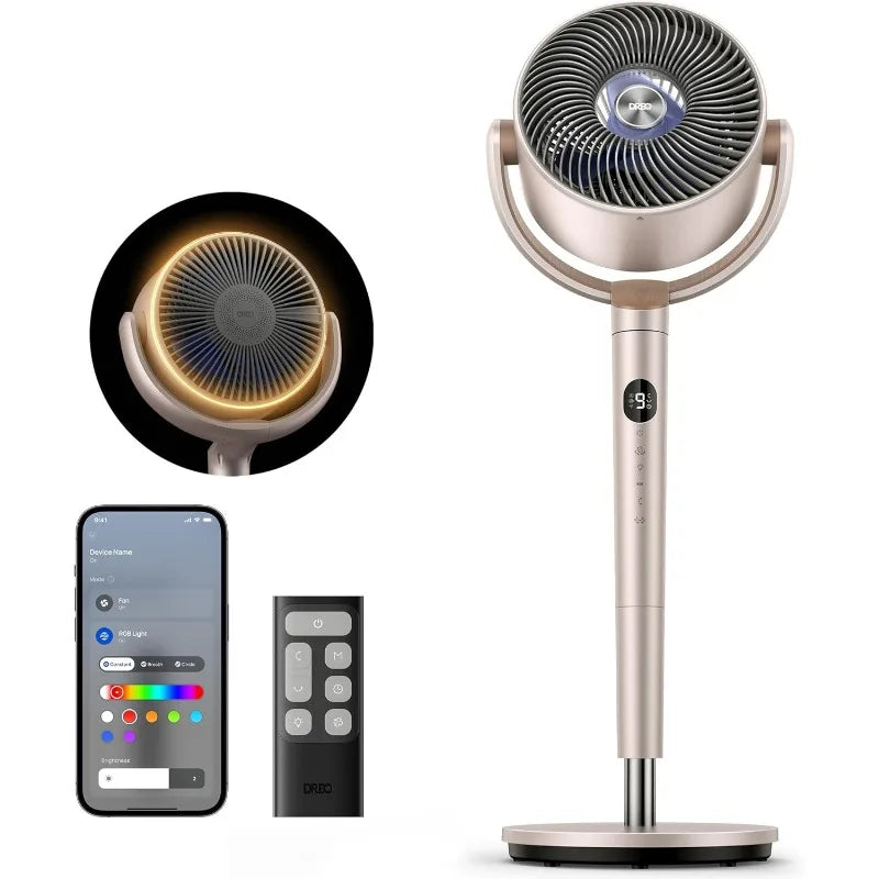 Smart Fans for Bedroom, 120° +120° Omni-Directional Oscillating Fan, 90ft Quiet Pedestal Fan with RGB Light, 9 Speeds