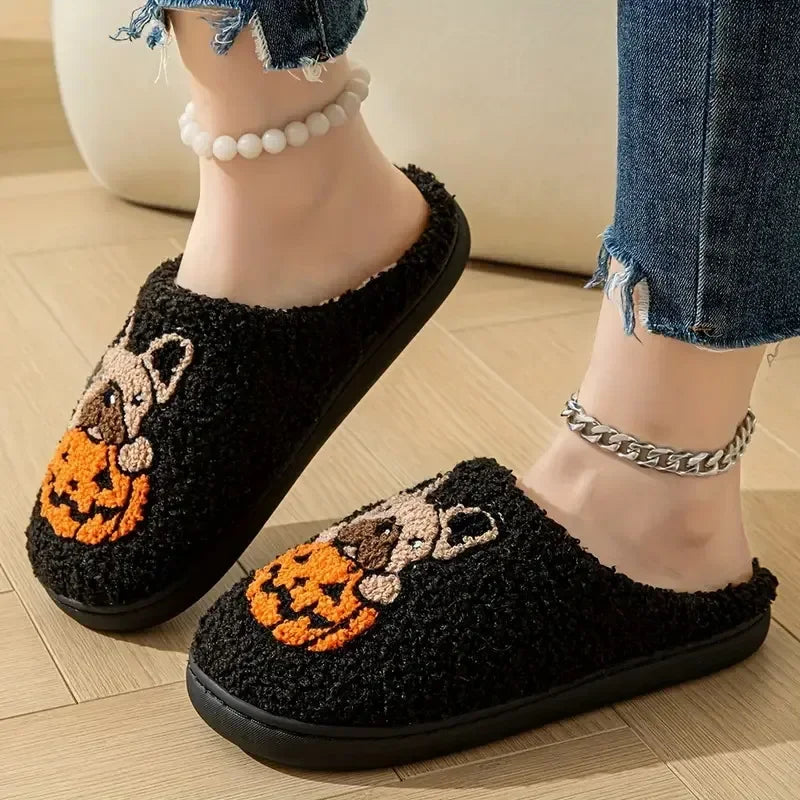 Cartoon Pumpkin Dog Women's Home Slippers Comfort Soft Sole Non Slip Indoor Shoes Woman Halloween Winter Warm Cotton Slippers