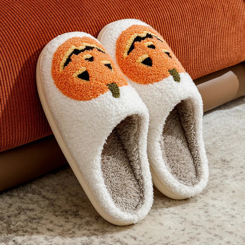 Cute Halloween Pumpkin Embroidered Slippers for Women, Soft Fuzzy Warm Indoor Shoes, Cozy Home Slipper with Cartoon Pattern