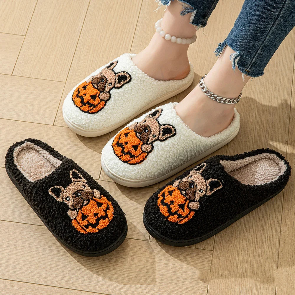 Cartoon Pumpkin Dog Women's Home Slippers Comfort Soft Sole Non Slip Indoor Shoes Woman Halloween Winter Warm Cotton Slippers