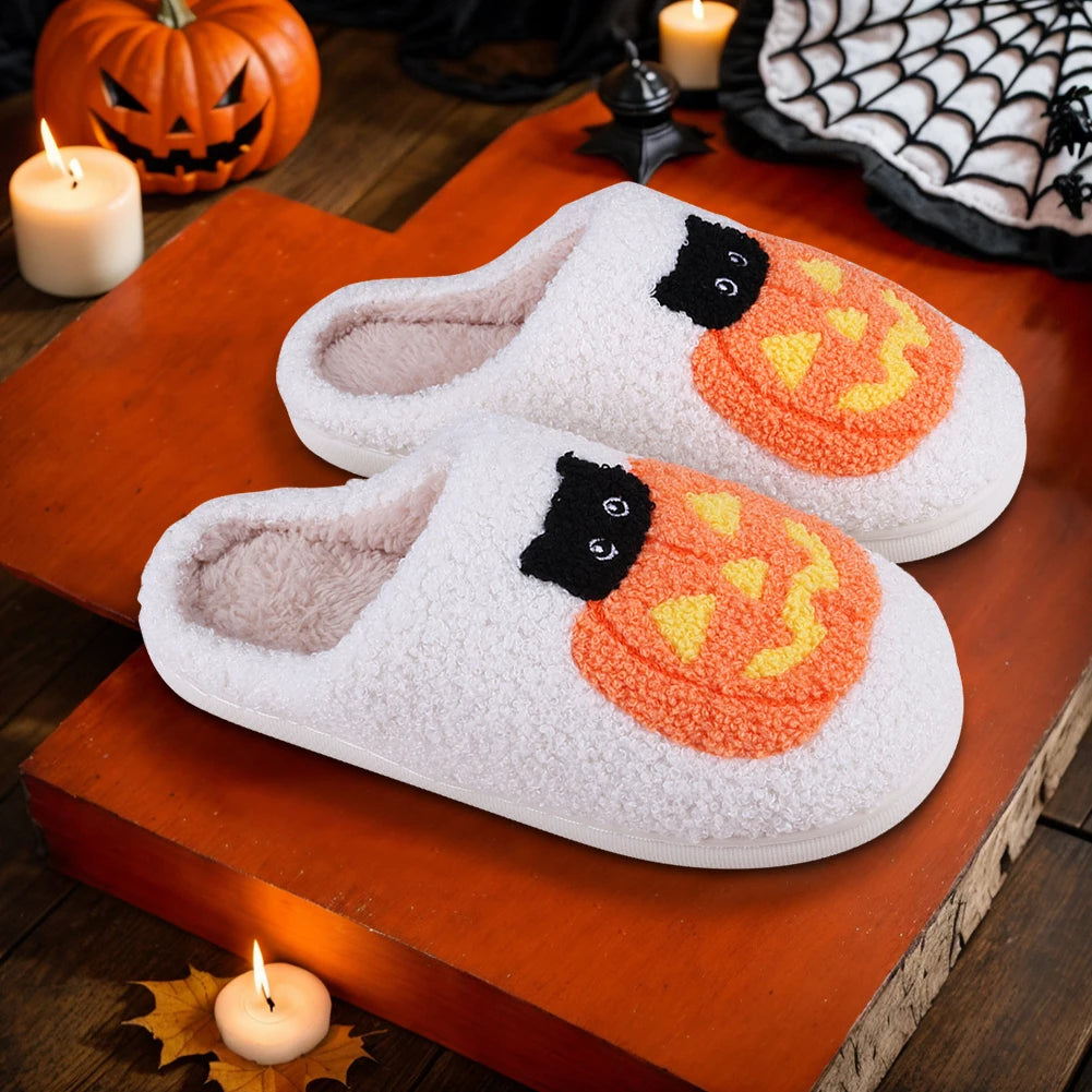 Halloween Plush Slippers Anti Slip Comfortable Furry Slippers Pumpkin Cat Pattern Fluffy Home Warm House Shoe for Winter Autumn