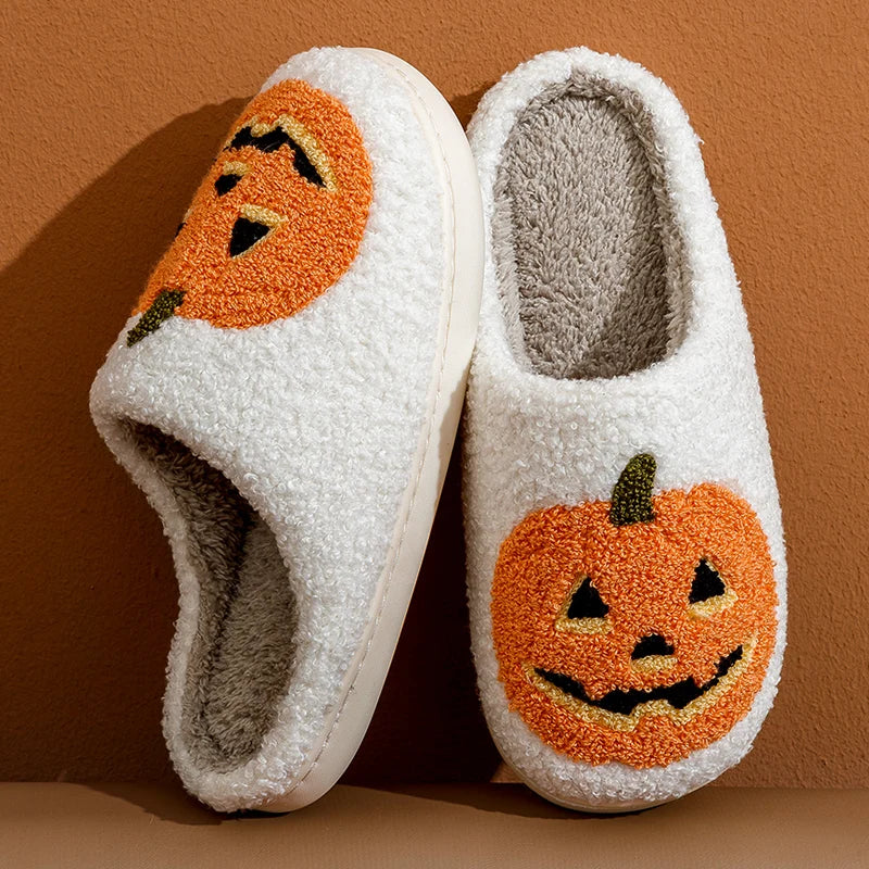 Cute Halloween Pumpkin Embroidered Slippers for Women, Soft Fuzzy Warm Indoor Shoes, Cozy Home Slipper with Cartoon Pattern