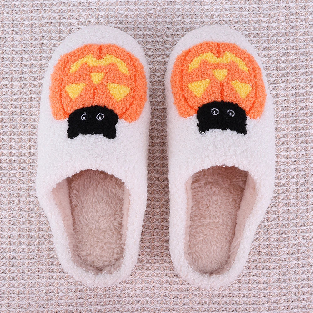 Halloween Plush Slippers Anti Slip Comfortable Furry Slippers Pumpkin Cat Pattern Fluffy Home Warm House Shoe for Winter Autumn