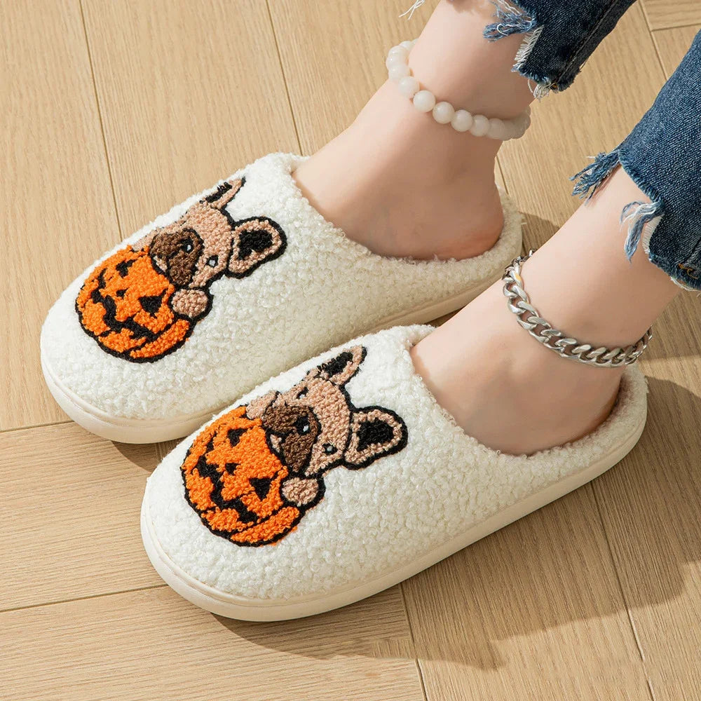 Cartoon Pumpkin Dog Women's Home Slippers Comfort Soft Sole Non Slip Indoor Shoes Woman Halloween Winter Warm Cotton Slippers