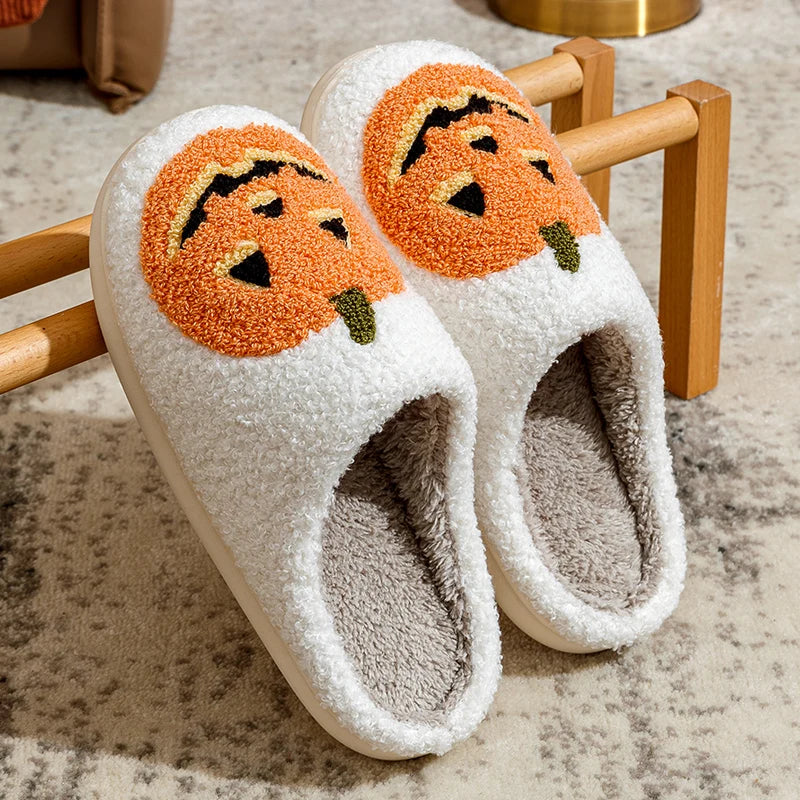 Cute Halloween Pumpkin Embroidered Slippers for Women, Soft Fuzzy Warm Indoor Shoes, Cozy Home Slipper with Cartoon Pattern