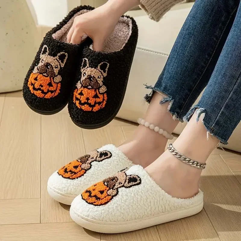 Cartoon Pumpkin Dog Women's Home Slippers Comfort Soft Sole Non Slip Indoor Shoes Woman Halloween Winter Warm Cotton Slippers