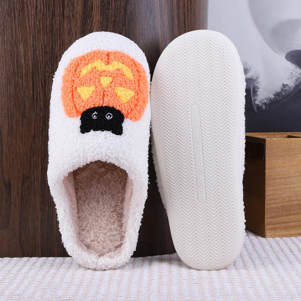 Halloween Plush Slippers Anti Slip Comfortable Furry Slippers Pumpkin Cat Pattern Fluffy Home Warm House Shoe for Winter Autumn