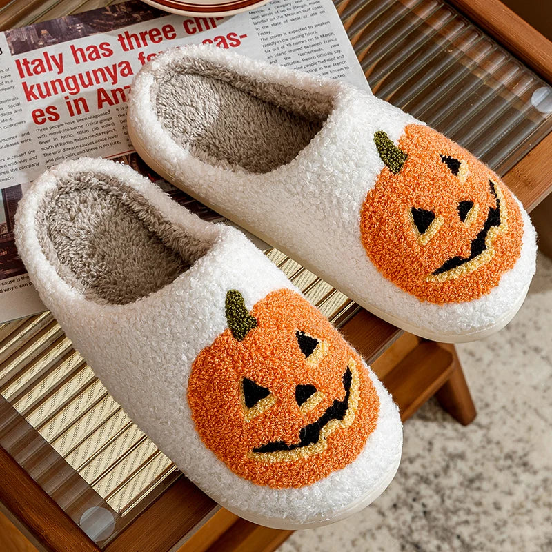 Cute Halloween Pumpkin Embroidered Slippers for Women, Soft Fuzzy Warm Indoor Shoes, Cozy Home Slipper with Cartoon Pattern