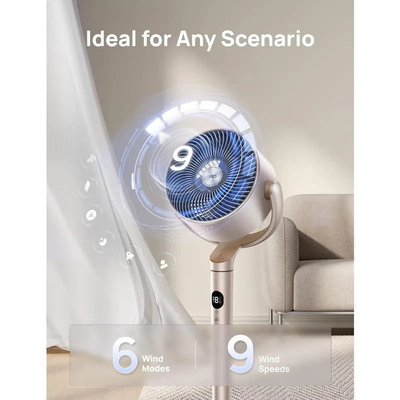 Smart Fans for Bedroom, 120° +120° Omni-Directional Oscillating Fan, 90ft Quiet Pedestal Fan with RGB Light, 9 Speeds