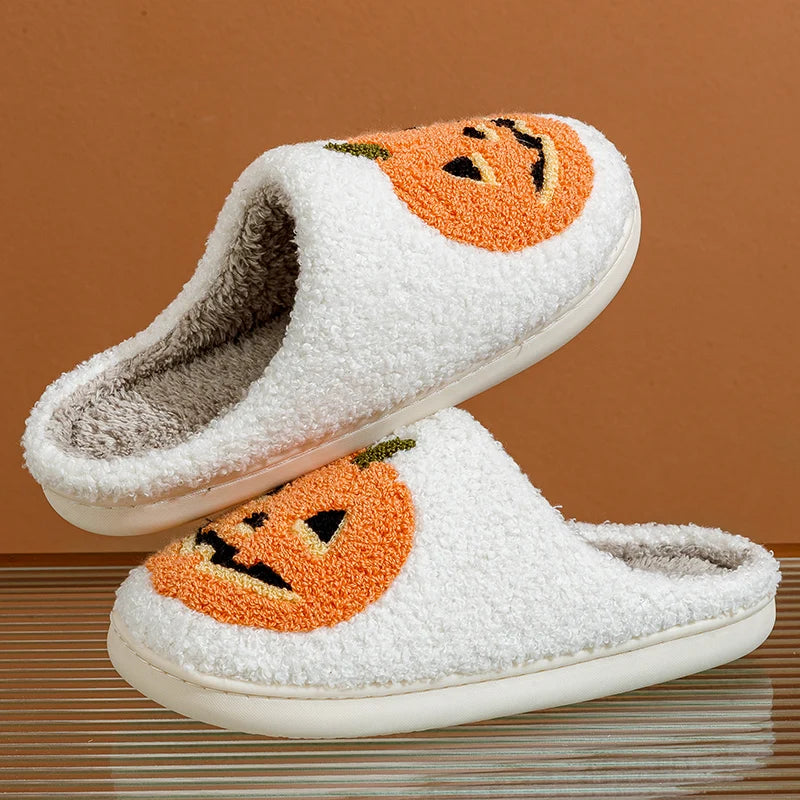 Cute Halloween Pumpkin Embroidered Slippers for Women, Soft Fuzzy Warm Indoor Shoes, Cozy Home Slipper with Cartoon Pattern