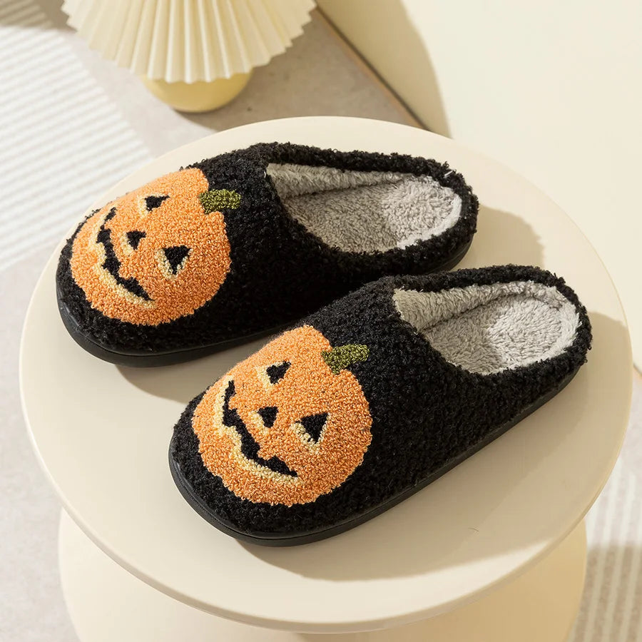 Cute Halloween Pumpkin Embroidered Slippers for Women, Soft Fuzzy Warm Indoor Shoes, Cozy Home Slipper with Cartoon Pattern