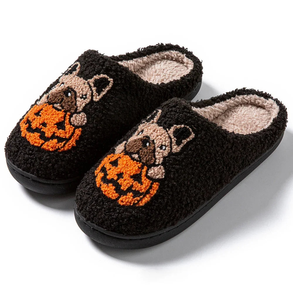 Cartoon Pumpkin Dog Women's Home Slippers Comfort Soft Sole Non Slip Indoor Shoes Woman Halloween Winter Warm Cotton Slippers