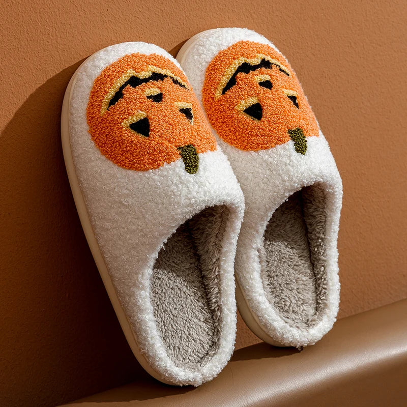 Cute Halloween Pumpkin Embroidered Slippers for Women, Soft Fuzzy Warm Indoor Shoes, Cozy Home Slipper with Cartoon Pattern