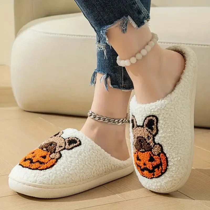 Cartoon Pumpkin Dog Women's Home Slippers Comfort Soft Sole Non Slip Indoor Shoes Woman Halloween Winter Warm Cotton Slippers